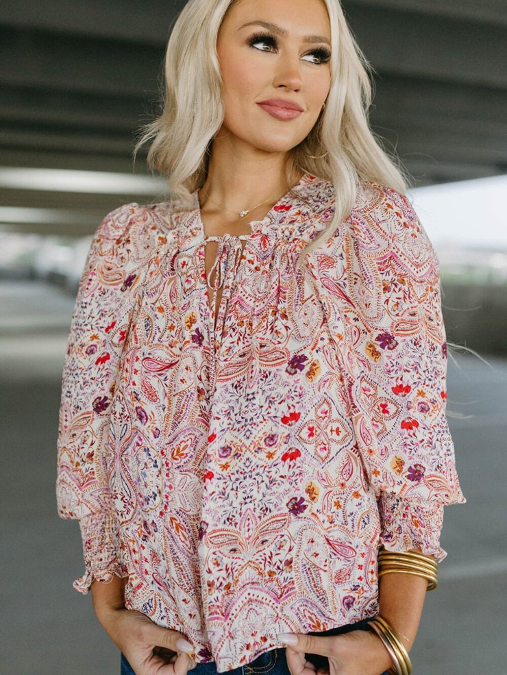 NWOT Peasant Tie-Neck Blouse in White with Red Paisley Print